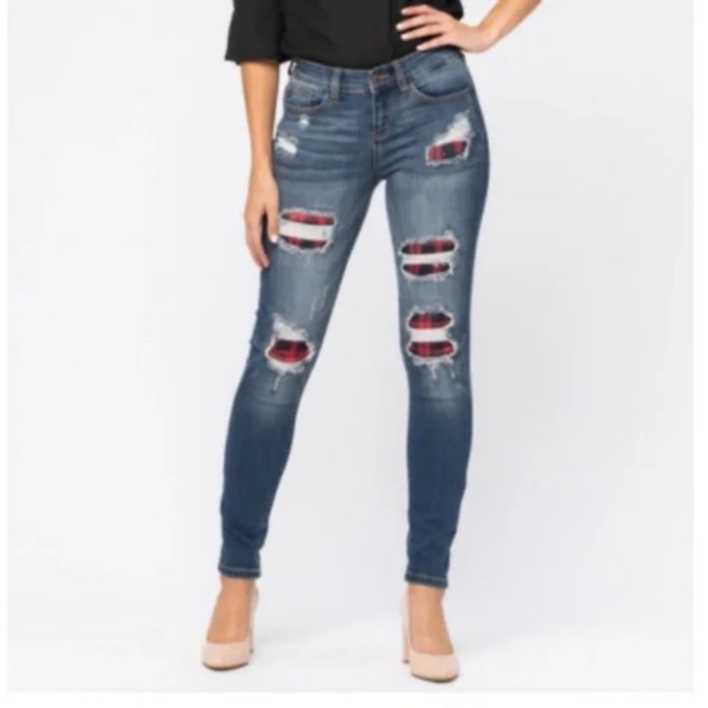 Judy Blue Skinny Jeans 15 /32 Buffalo Red Plaid Distressed Patch Plus JB88316